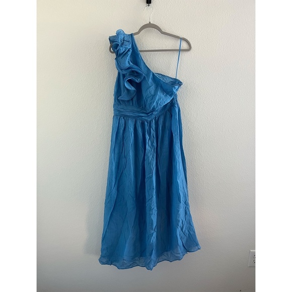 NWT HELLO MOLLY | Frill Detail Find Out One Shoulder Midi Dress Blue | Size XL - Picture 4 of 16